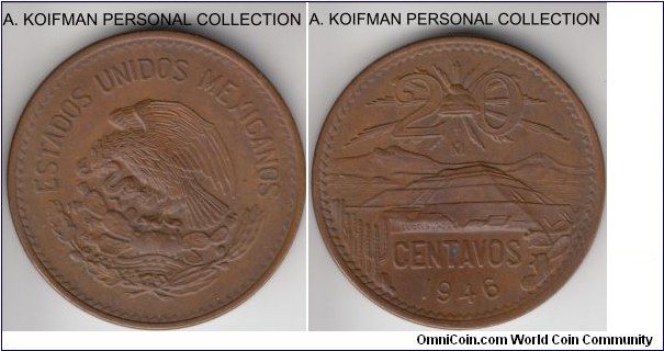 KM-439, 1944 20 centavos; bronze, plain edge; toned about uncirculated, a spot on reverse.