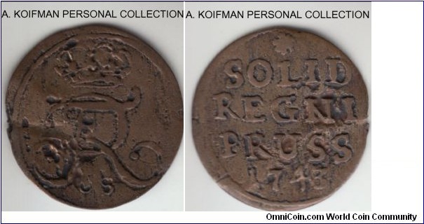 KM-223.1, 1743 German States Prussia (East Prussia) schilling (solidus); billon; very good or so, bent.