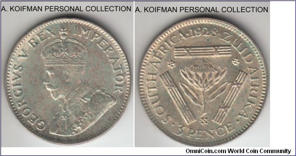 KM-15.1, 1928 South Africa 3 pence; silver, plain edge; good extra fine, some toning, not as scarce at 1925, but not common either in higher grades.