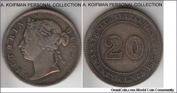 KM-12, 1885 Straits Settlements 20 cents; silver, reeded edge; good fine, scarcer year with the mintage of 100,000.