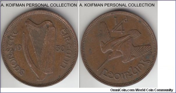 KM-1, 1930 Ireland farthing; bronze, plain edge; a bit dirty extra fine or so.