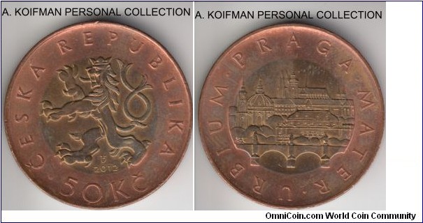 KM-1, 2012 Czech Republic 50 korun; bi-metallic, plain edge; good exra fine to about uncirculated toned.