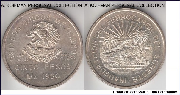 KM-466, 1950 5 pesos, Mexico-City mint (Mo mint mark); silver, lettered edge; Opening of the Southern Railroad commemorative, somewhat scarce with half of the 200,000 mintage melted down, toned uncirculated.