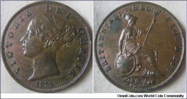 EF grade 1855 halfpenny, slight greening but otherwise subdued Lustre