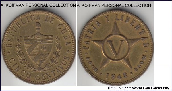 KM-11.3a, 1943 Cuba 5 centavos; brass, plain edge; one year type, extra fine or about details, cleaned.
