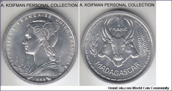 KM-3, 1958 Madagascar franc, Paris mint; aluminum, plain edge; brilliant uncirculated.