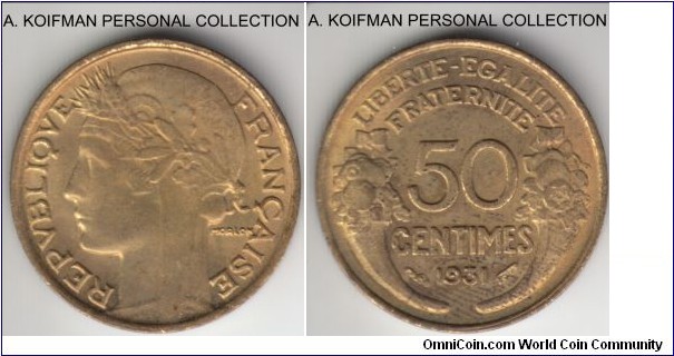 KM-894.1, 1931 France 50 centimes; aluminum-bronze, plain edge; uncirculated, but fingerprints dirty on reverse.