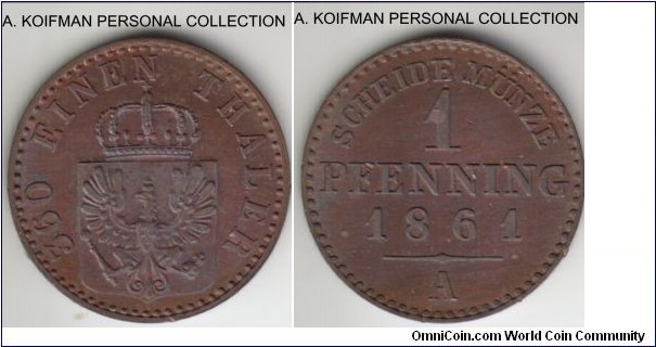 KM-480, 1861 German States Prussia pfennig, Berlin mint (A mintmark); copper, plain edge; uncirculated, previous owner suggested that the coin is an impared proof, possibly due to the sharpness of the strike; this was also the first year of the type mintage.