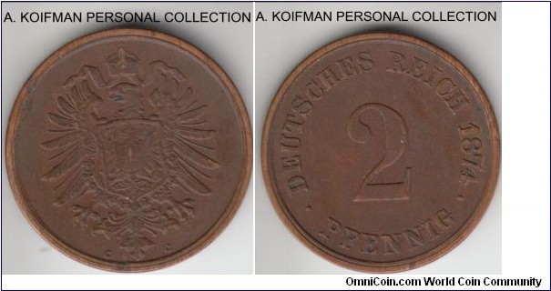 KM-2, 1874 Germany 2 pfennig, Frankfurt mint (C mintmark); copper, plain edge; nice brown extra fine or about.