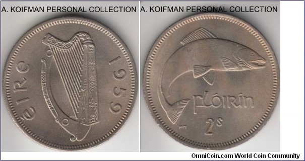 KM-15a, 1959 Ireland florin; copper-nickel, reeded edge; lightly toned good uncirculated.