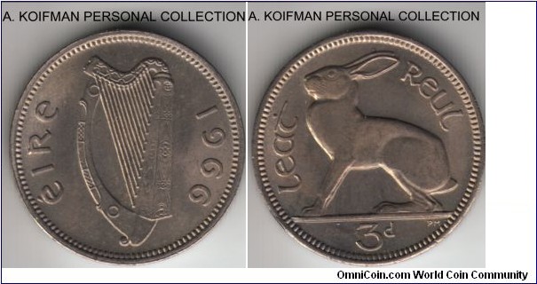 KM-12a, 1966 Ireland 3 pence; copper-nickel, plain edge; good uncirculated.