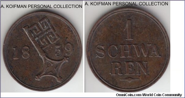 KM-241, 1859 German States Bremen schwaren; copper, plain edge; well looking brown coin, very fine to extra fine, small mintage of just 69,000, much scarcer than the silver mintage of these years.