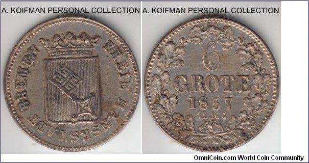 KM-240, 1857 German States Bremen 6 grote (1/12 thaler); silver, plain edge; good very fine, cleaned, couple of thin scratch lines on reverse.