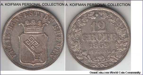 KM-242, 1859 German States Bremen 12 grote (1/6 thaler); silver, square reeded edge; part toned, good very fine to extra fine, a two year issue.