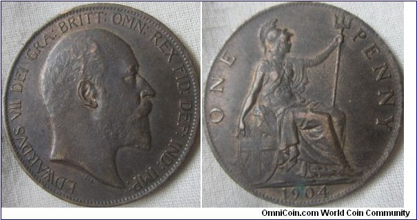 1904 penny, EF, verdigris spot on reverse