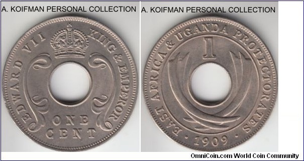 KM-5a, 1909 East Africa cent, Royal mint (no mint mark); copper-nickel, plain edge; average uncirculated, typical grey toned.