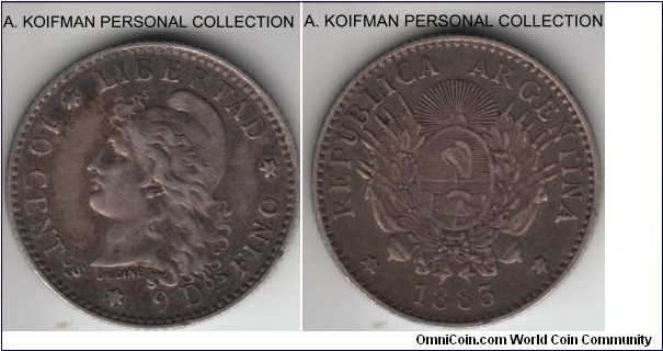 KM-26, 1883 Argentina 10 centavos; silver, reeded edge; very fine or about, last and more common of the 3 years this type was minted.