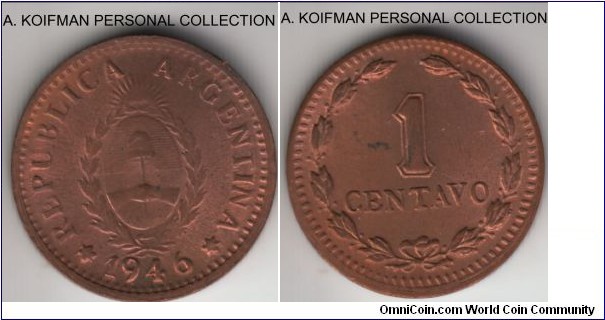 KM-37a, 1946 Argentina centavo; copper, plain edge; red as minted but a couple of small spots.
