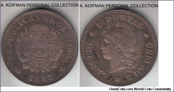 KM-27, 1882 Argentina 20 centavos; silver, reeded edge; about extra fine heavily dark toned specimen.