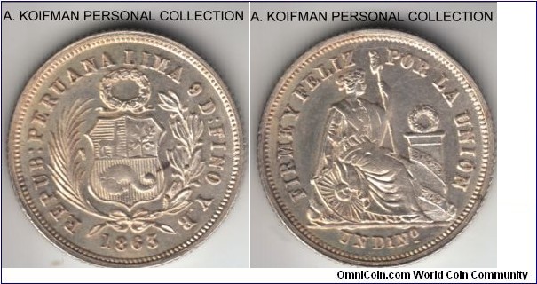 KM-190, 1863 Peru dinero; silver, reeded edge; first year of the type, about uncirculated only due to some dirt, weak strike but no evidence of wear.