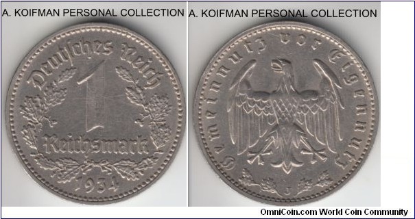 KM-78, 1934 Germany (Third Reich) reichsmark, Hamburg mint (J mint mark); nickel, incuse ornament lettered edge; average extra fine or better.