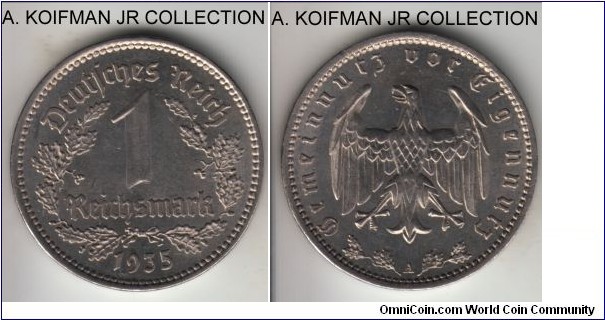 KM-78, 1935 Germany (Third Reich) reichsmark, Berlin mint (A mint mark); nickel, incuse ornament lettered edge; good extra fine to about uncirculated.