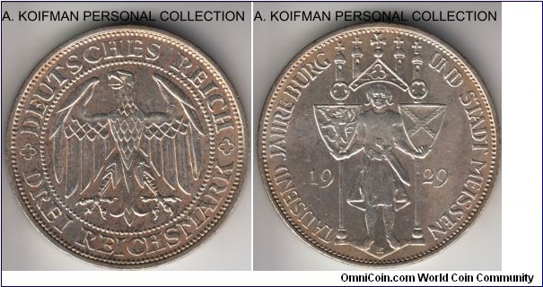 KM-65, 1929 German (Weimar Republic) 3 reichsmark, Muldenhutten mint (E mint mark); silver, lettered edge; good extra fine or better condition, Meissen 1000'th anniversary, smaller mintage of 200,000.