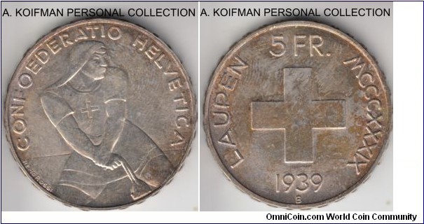 KM-42, 1939 Switzerland 5 francs, Bern mint (B mint mark); silver, raised lettered edge; 600'th anniversary of the Battle of Laupen, unevenly toned uncirculated, scarce, mintage 30,600.