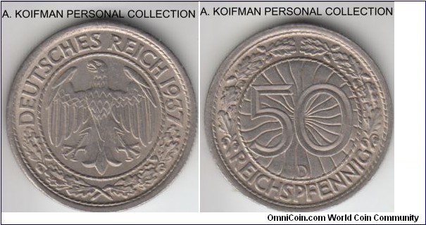 KM-49, Germany (Third Reich) 50 reichspfennig, Munich mint (D mint mark); nickel, reeded edge; extra fine or about.