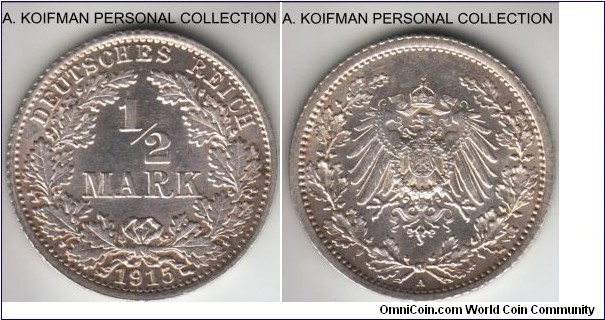 KM-17, 1915 Germany (Empire) half mark, Berlin mint (A mint mark); silver, reeded edge; common but nice - bright lustrous uncirculated.