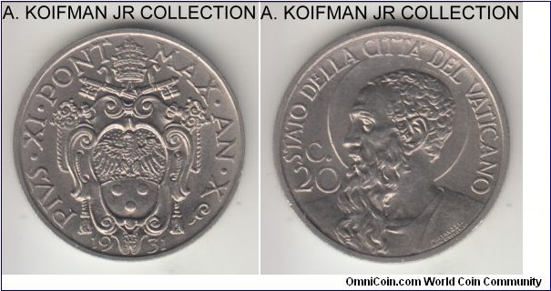 KM-3, 1931 Vatican 20 centesimi; nickel, reeded edge; Year X of Pius XI, uncirculated, mintage 80,000.