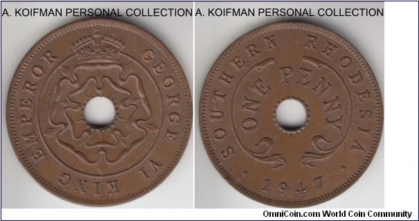 KM-8a, 1947 Southern Rhodesia penny; bronze, plain edge; uncirculated or almost,  just a bit of dirt.