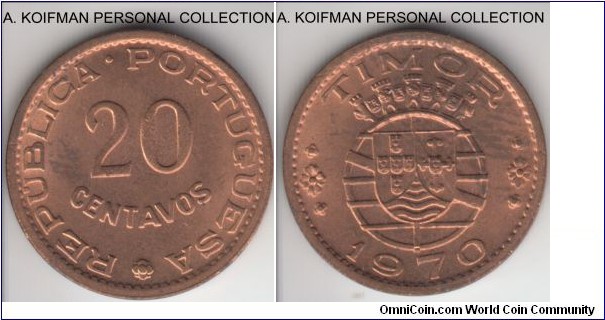 KM-17, 1970 Portuguese Timor 20 centavos; bronze, plain edge; mostly red, few toning brown streaks, otherwise uncirculated.