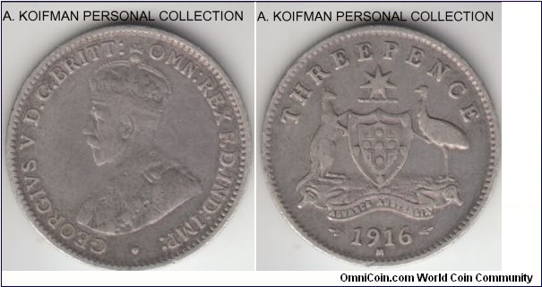 KM-24, 1916 Australia 3 pence, Melbourne mint (M mint mark); silver, plain edge; good fine, no damage, original light toning, this is one of the a scarcer early years.