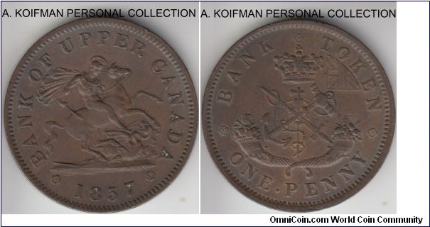 KM-Tn3, 1857 Canada penny bank token; copper, plain edge; extra fine or about, cleaned in the past.