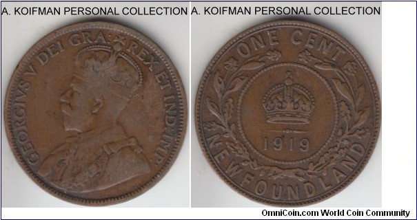 KM-16, 1919 Newfoundland cent, Ottawa mint (C mint mark); bronze, plain edge; very good to fine.