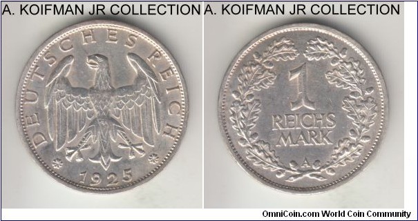 KM-44, 1925 Germany (Weimar Republic) reichsmark, Berlin mint (A mint mark); silver, ornamented edge; extra fine details, cleaned.