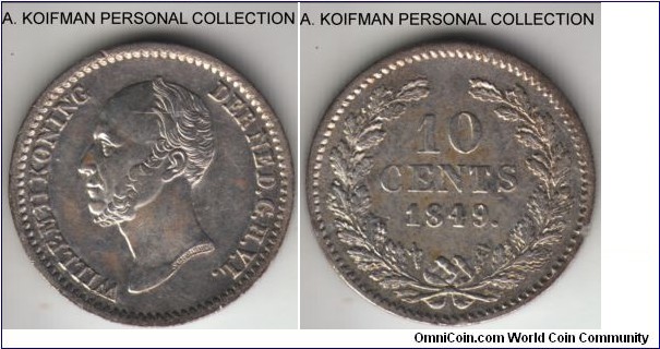 KM-75, 1849 Netherlands 10 cents; silver, reeded edge; dot after date variety, about extra fine details, old cleaning and a thin but long scratch on obverse.