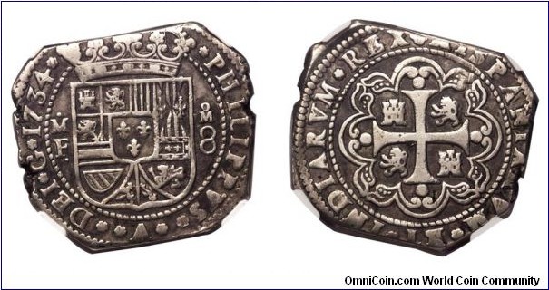 Spanish colonial, Mexico, Philip V, Klippe 8 Reales, 1734/3. Legend around crowned arms / Lions and castles in angles of cross, legend around. Mexico City mint. Assayer: M.F. In NGC holder, graded XF45. KM# 48. Well-struck details, a choice and undamaged example of this transitional series from cob to machine-struck coinage. Rare quality for this type (often found holed). 
