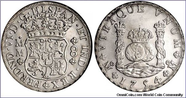 Spanish colonial, Mexico, Ferdinand VI, 8 Reales, 1754. Assayer: M.M., Mexico city mint. KM# 104.2. The later variant for this date-assayer combination, featuring an imperial crown on the left pillar. In NGC plastic holder, graded MS62.