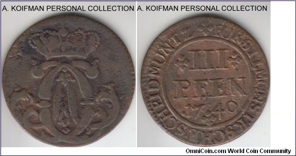 KM-170, 1740 German State Munster 3 pfennig (1/112'th thaler); copper; fine or so.