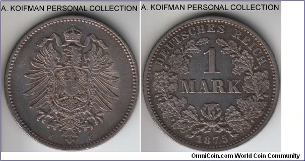 KM-7, 1875 Germany (Empire) mark, Stuttgart mint (F mint mark); silver, reeded edge; good very fine, the shield is still fully visible but overall wear present.