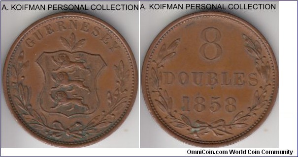 KM-3, 1858 Guernsey 8 doubles; copper, plain edge; good extra fine, light colored, scarcer mintage of the very first standard coinage type.