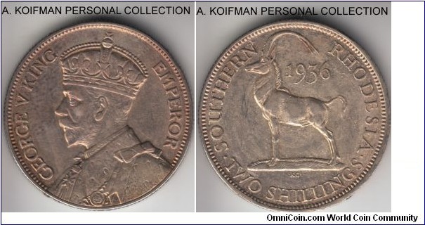 KM-4, 1936 Southern Rhodesia 2 shillings; silver, reeded edge; naturally toned, extra fine.