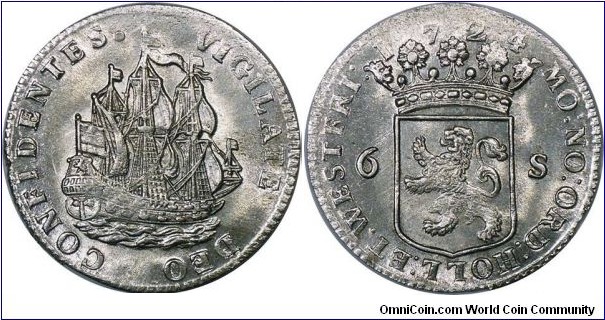 Netherlands, Holland province, 6 Stuivers or Scheepjesschelling, 1724. Silver. Verkade 56.5, Van der Wiel 29, HNPM.74, KM# 45. Brilliant uncirculated.