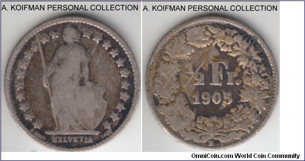 KM-23, 1905 Switzerland 1/2 franc, Bern mint (B mint mark); silver, reeded edge; fine plus, wear and stain, small mintage though.