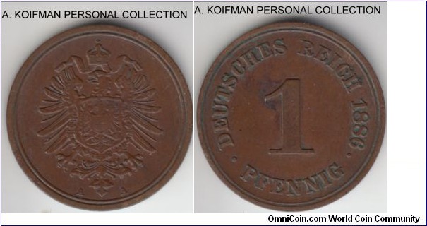 KM-1, 1886 Germany pfennig, berlin mint (A mint mark); copper, plain edge; good very fine.