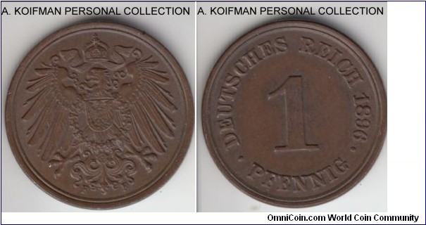 KM-10, 1896 germany (Empire) pfenning, Stuttgart mint (F mint mark); copper, plain edge; brown uncirculated or almost.