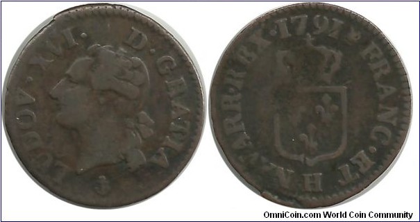 France 1 Liard 1791H - King Louis XVI(1774-1791) He was guillotined on 21 January 1793. (Cu)
