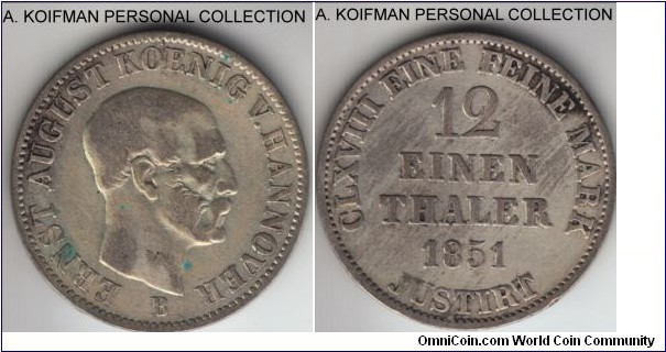 KM-206, 1851 German States Hannover 1/12 thaler, Hannover mint (B mint mark); silver, ornamented edge; very fine or so, may have been wiped before.